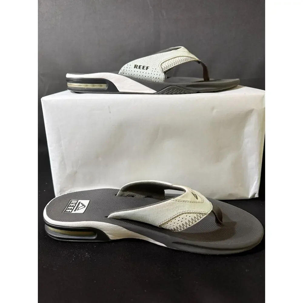 Reef Fanning Mens Flip Flops Sz 9 Gray White Bottle Opener Air Cushion